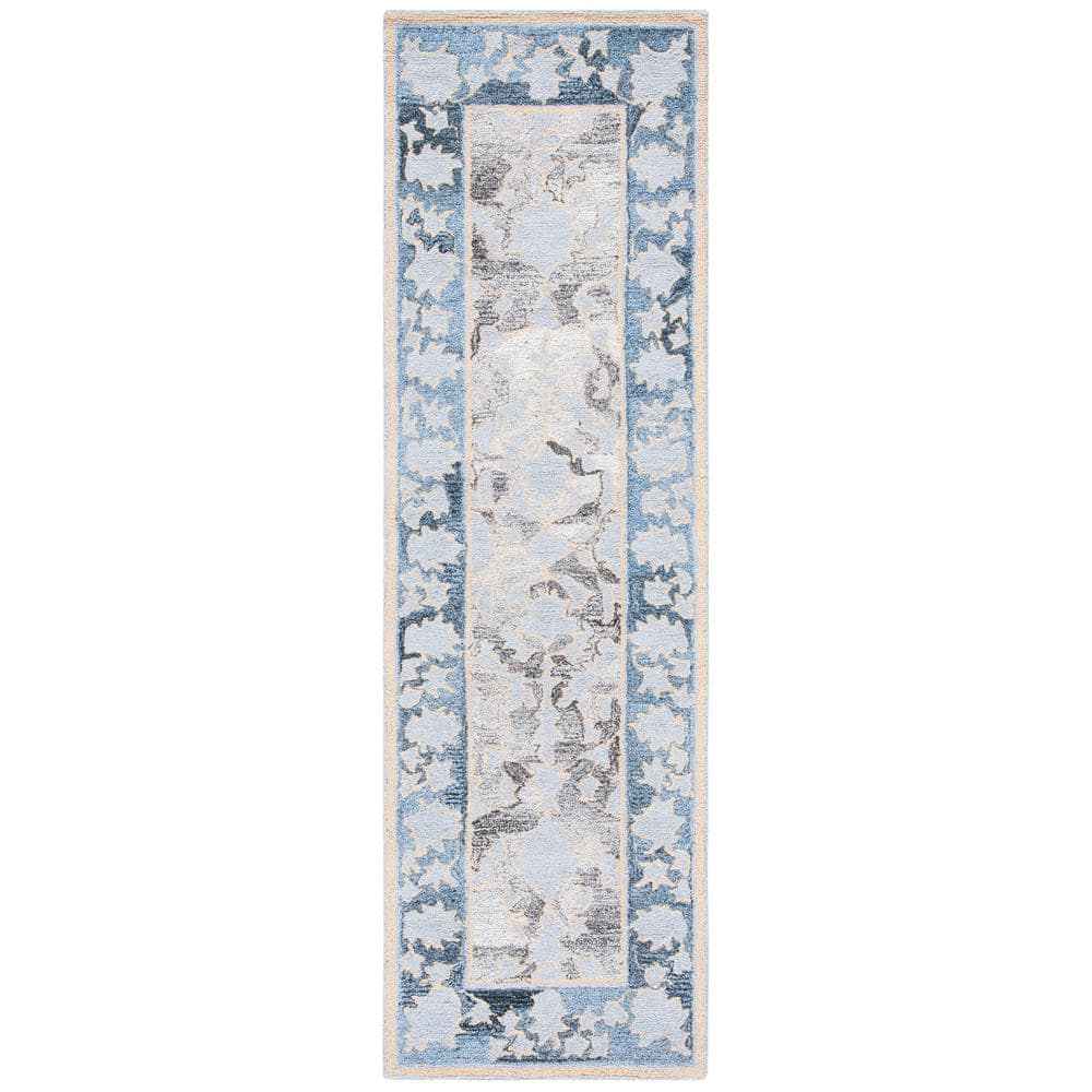 Handmade Blue and Beige Wool Abstract Runner Rug, 2'-3" x 8'