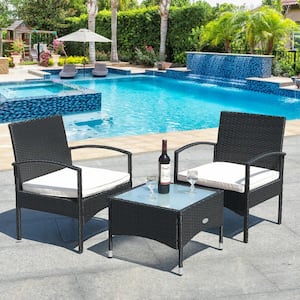 3-Piece Patio Wicker Rattan Furniture Set Coffee Table and 2 Rattan Chair with Beige Cushion
