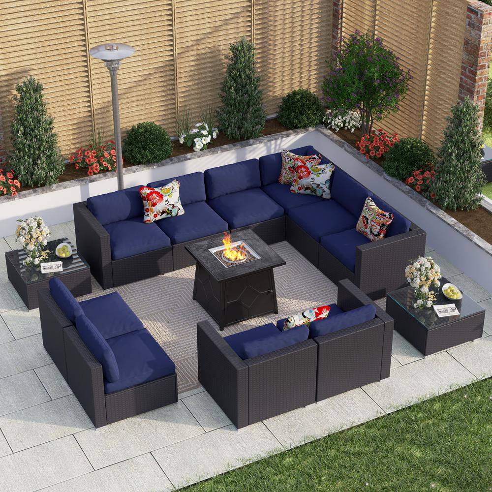 PHI VILLA Black Rattan Wicker 10 Seat 13Piece Steel Outdoor Fire Pit
