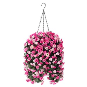 25 in. H Artificial Hanging Flowers in Basket, Outdoor Indoor Patio Lawn Garden Decor, Twin Pink