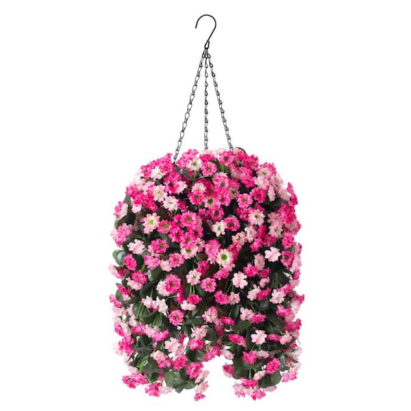 Unbranded 25 in. H Artificial Hanging Flowers in Basket, Outdoor Indoor Patio Lawn Garden Decor, Twin Pink