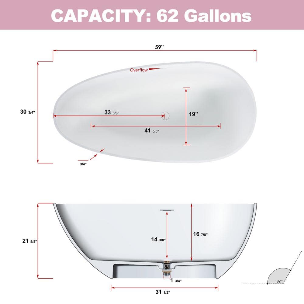 59'' Matte White Acrylic Freestanding Soaking Bathtub