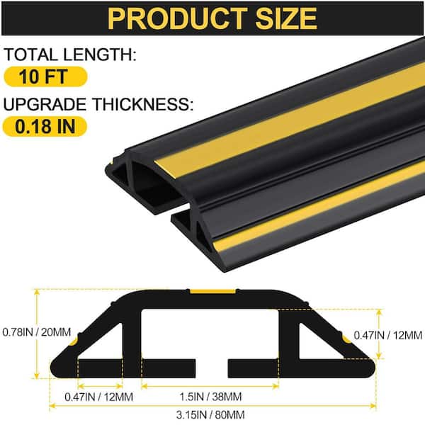 10 ft. Black Heavy-Duty PVC 3-Channel Cord Protecting Floor Strip with Yellow Warning Stripes for Home Office Outdoor