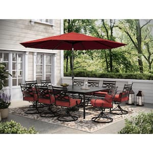 Montclair 11-Piece Steel Outdoor Dining Set with Chili Red Cushions, 10 Swivel Rockers and 60 in. x 84 in. Table