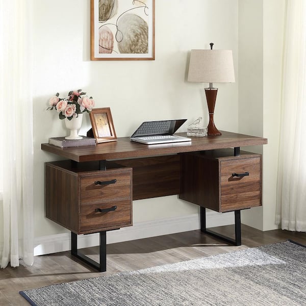 59.1 Modern Walnut Home Office Desk with Drawer Storage Pine Wood Desk