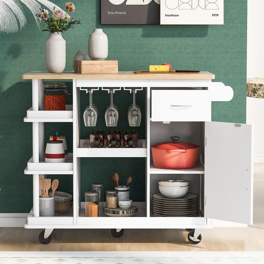 White Rubber Wood Top 40 in. W Kitchen Island on 5-Wheels with Interior Sto
