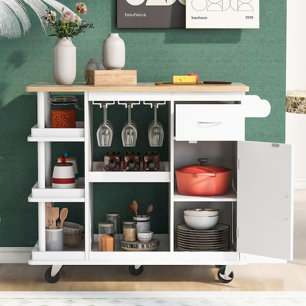 Unbranded White Rubber Wood Top 40 in. W Kitchen Island on 5-Wheels with Interior Storage Shelves and Wine Rack