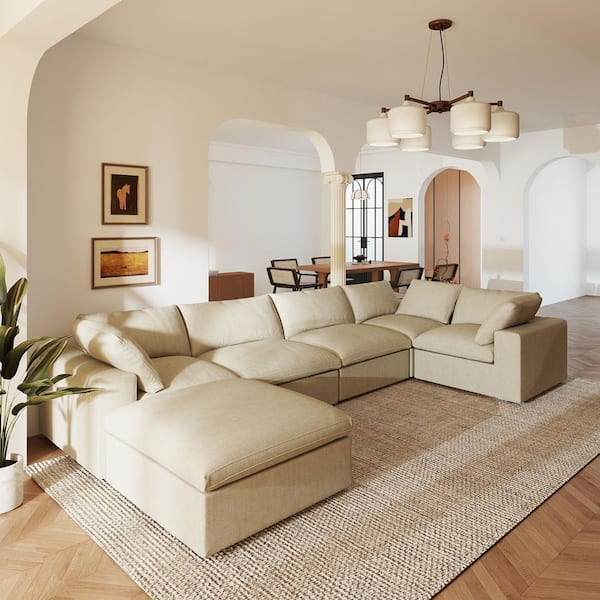 Storage 118 in. Square Arm Microfiber V-Shaped Modular Sofa Corner Cloud Couch with Ottoman, Washable Covers in Khaki