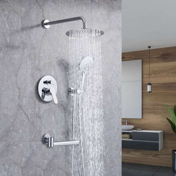 Single-Handle 3-Spray Round High Pressure Shower Faucet with 10 in. Shower Head Swivel Spout in Chrome (Valve Included)