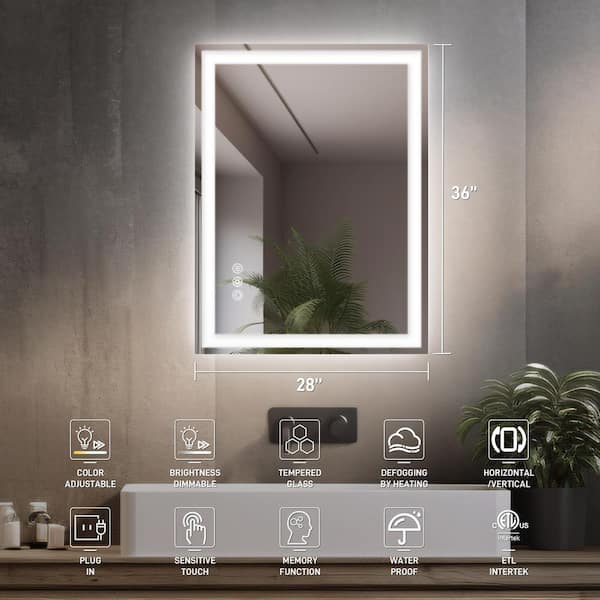 28 in W x 36 in H Rectangular Frameless Wall Mount 3 Colors Dimmable Anti-Fog LED Bathroom Vanity Mirror with Memory