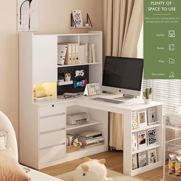 46 in. L-Shaped White Wood 4-Drawer Computer Desk with Open Shelves and Charging Station
