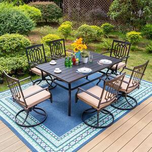 Black 7-Piece Metal Outdoor Patio Dining Set with Slat Table and Fashion Swivel Chairs with Beige Cushions