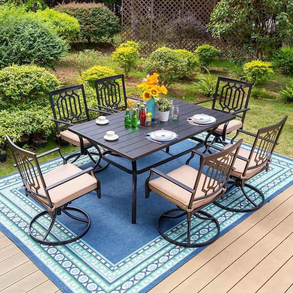 PHI VILLA Black 7-Piece Metal Patio Outdoor Dining Set with Slat Table and Swivel Chairs with Beige Cushions