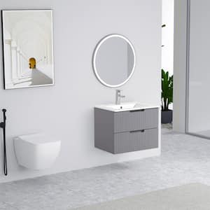 24 in. Floating Bath Vanity Cabinet in Gray with White Ceramic Sink Top Combo Set and 2 Large Drawers