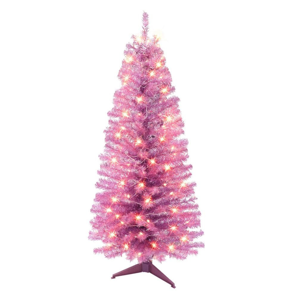 Puleo International 4.5 ft. Pre-Lit Pink Tinsel Artificial Christmas ...