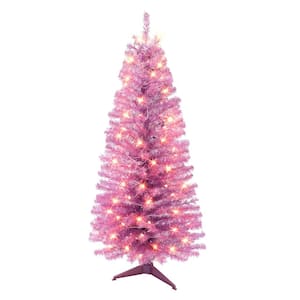 4.5 ft. Pre-Lit Pink Tinsel Artificial Christmas Tree, 160 Tips, 70 UL Clear Incandescent Lights
