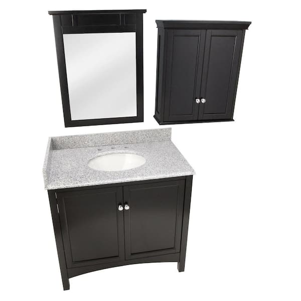 Haven 37 in. Vanity in Espresso with Granite Vanity Top in Rushmore Grey and Mirror in Espresso with Wall Cabinet