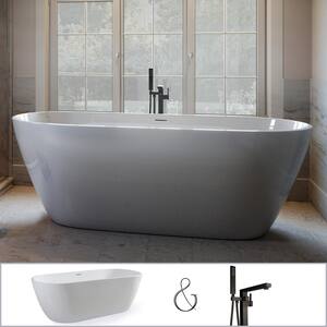 W-I-D-E Series Woodside 71 in. Acrylic Oval Freestanding Bathtub in White, Floor-Mount Square-Post Faucet in Matte Black