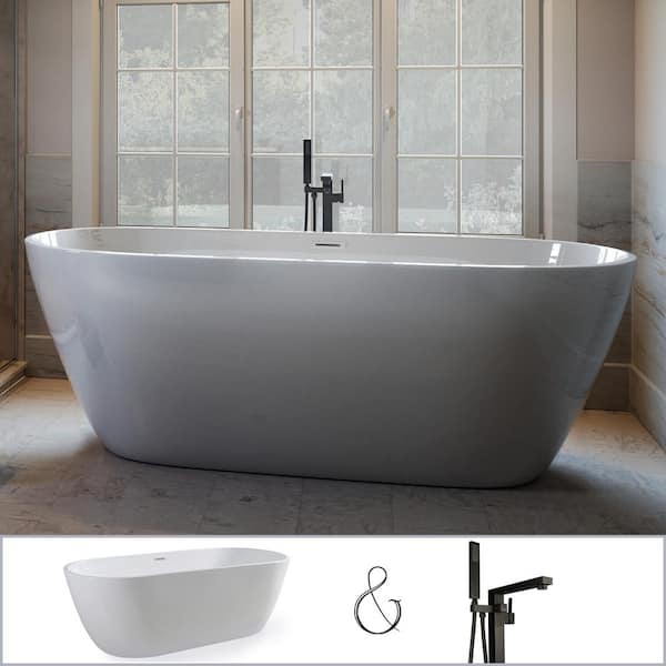 PELHAM & WHITE W-I-D-E Series Woodside 71 in. Acrylic Oval Freestanding Bathtub in White, Floor-Mount Square-Post Faucet in Matte Black
