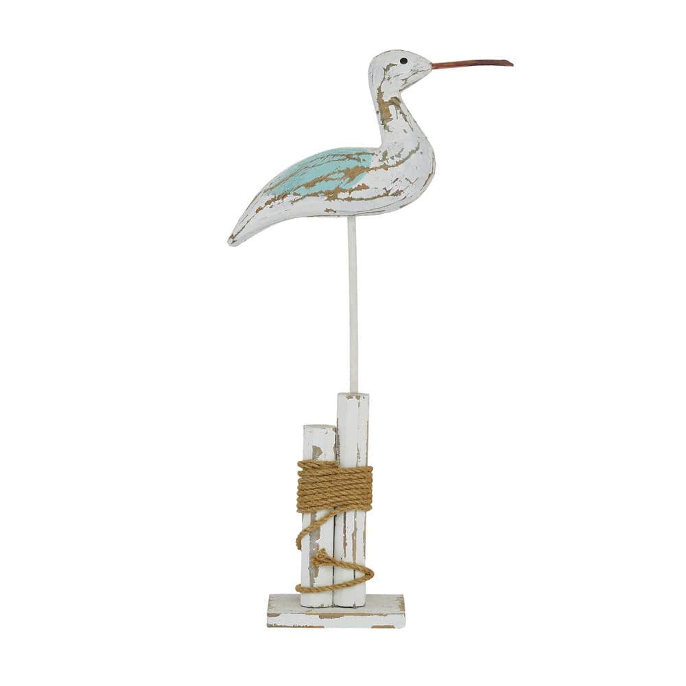 21" White Distressed Wood Bird Sculpture with Jute Trim