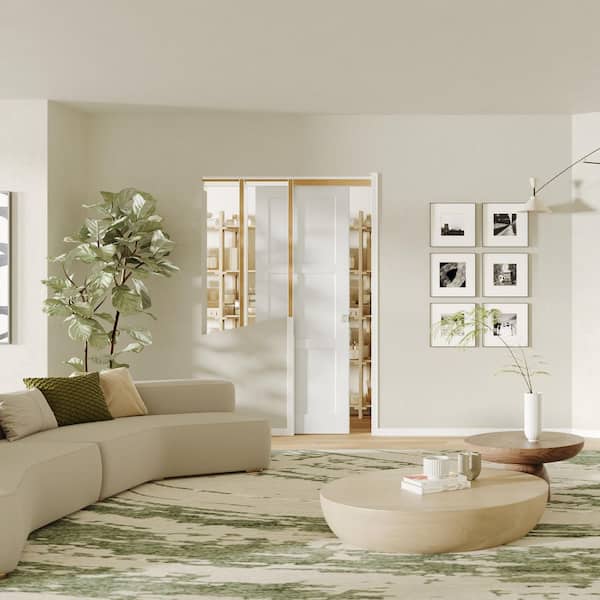 24 in. x 80 in. 3-Panel White Primed Pine Wood Sliding Pocket Door with Lock, Soft Close and Frame Kit Set, Room Door