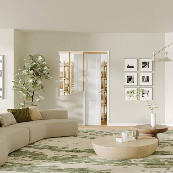 32 in. x 80 in. 3-Panel White Primed Pine Wood Sliding Pocket Door with Lock, Soft Close and Frame Kit Set, Room Door