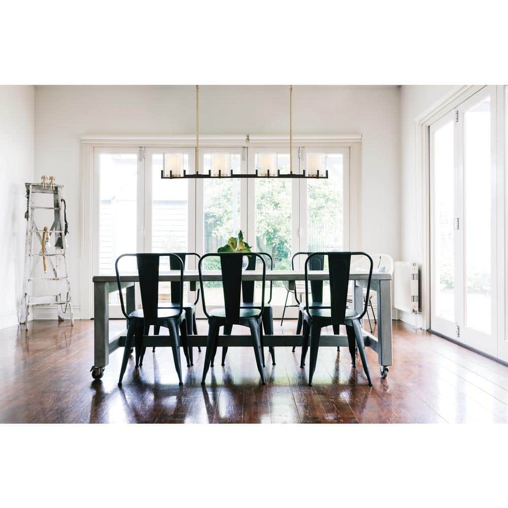 Eaton Contemporary Matte Black Linear Chandelier with Warm Brass Accents