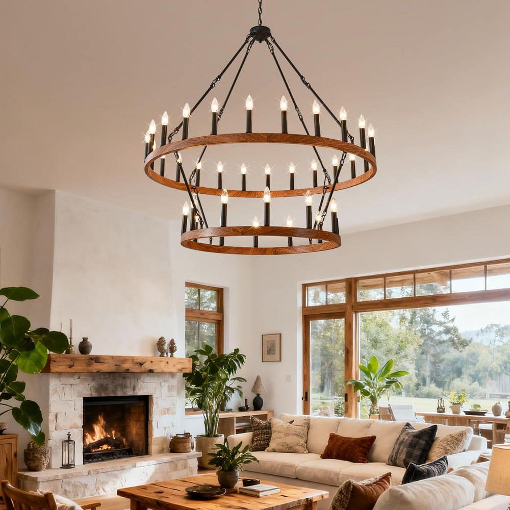 Wagon Wheel Chandelier 2 Tier 47 in. 36-Light, Rustic Farmhouse for Dining Room Living Room, Wood-Grain Surface price history on PriceWatchPro