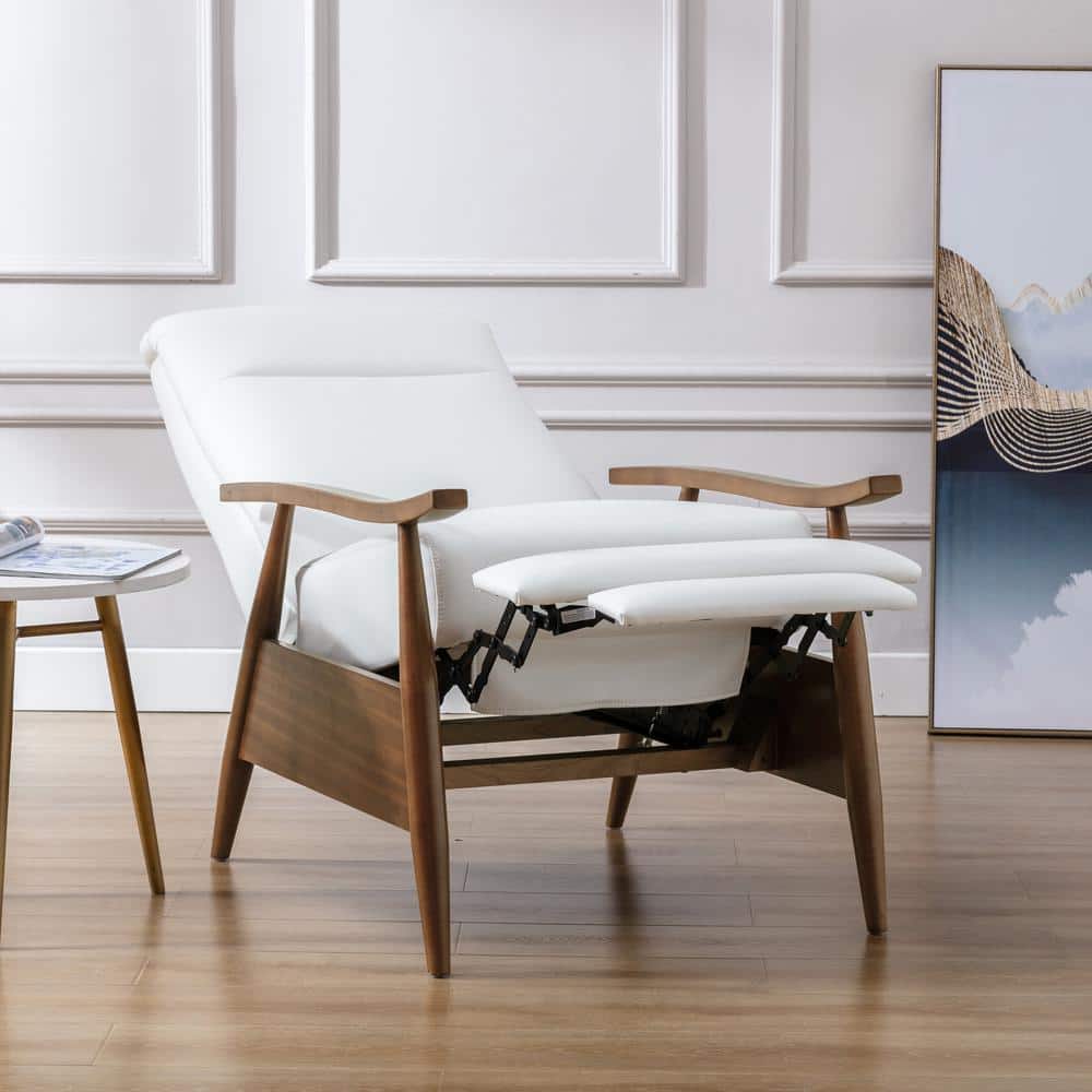 Milky White Leather and Wood Mid-Century Modern Recliner
