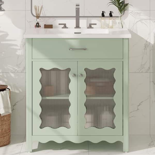 31 in. Freestanding Green Bath Vanity with White Ceramic Top, Bathroom Storage Cabinet with Adjustable Shelf Unassembled