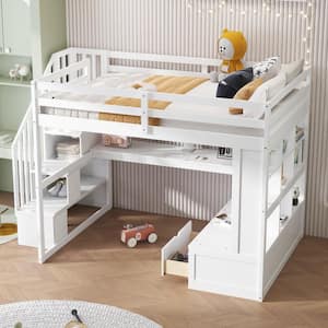 White Full Loft Bed with Desk and Storage Staircase