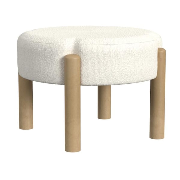 Eli Cream and Natural Brown Fabric Round Accent Ottoman
