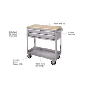 36 in. 3-Drawer with Solid Wood Top, Stainless Steel Utility Cart