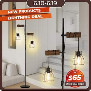 65 in. Black Wood Retro 2-Light Standard Tree Floor Lamp with Double Headed Light Dual Switch for Living Room Bedroom