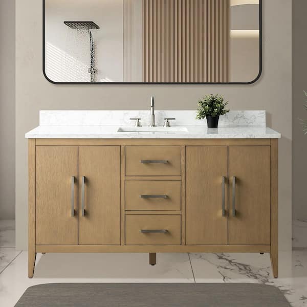 60 in. W x 22 in. D x 34 in. H Single Sink Bathroom Vanity Cabinet in Natural Oak with Engineered Marble Top