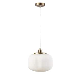 Lily 1-Light Matte Brass Shaded Pendant Light with Frosted Ribbed Glass Shade