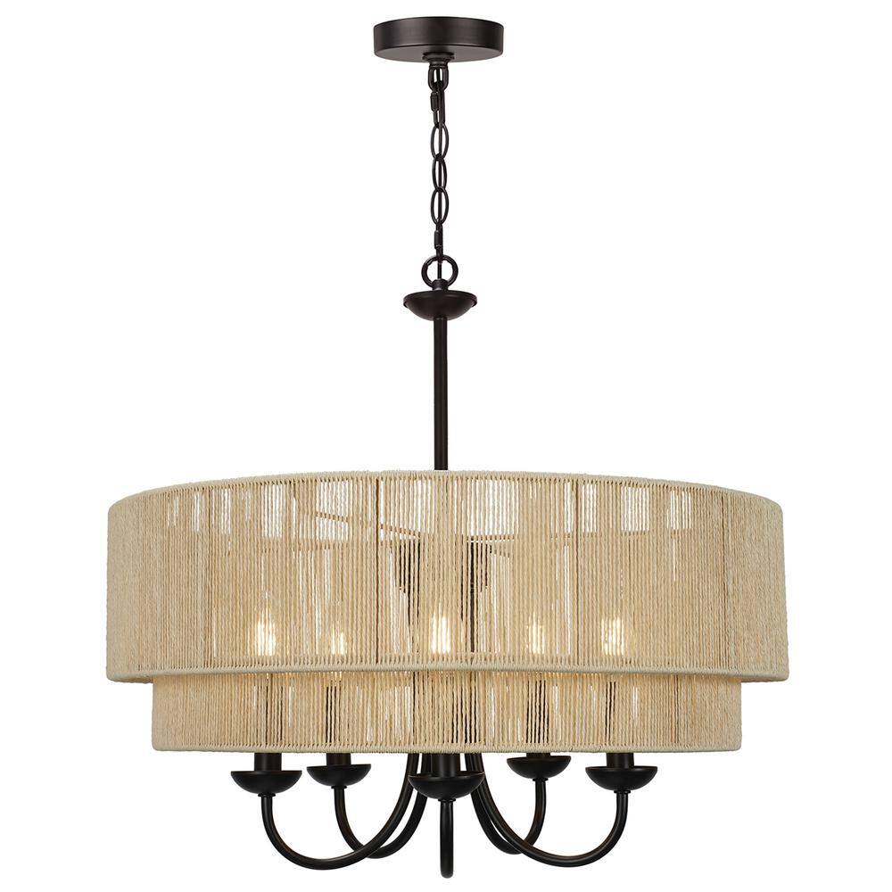 Lustra 22 in. 5-Light Adjustable Black Chandelier Pendant with Hand Woven Double Drum Shade price history on PriceWatchPro
