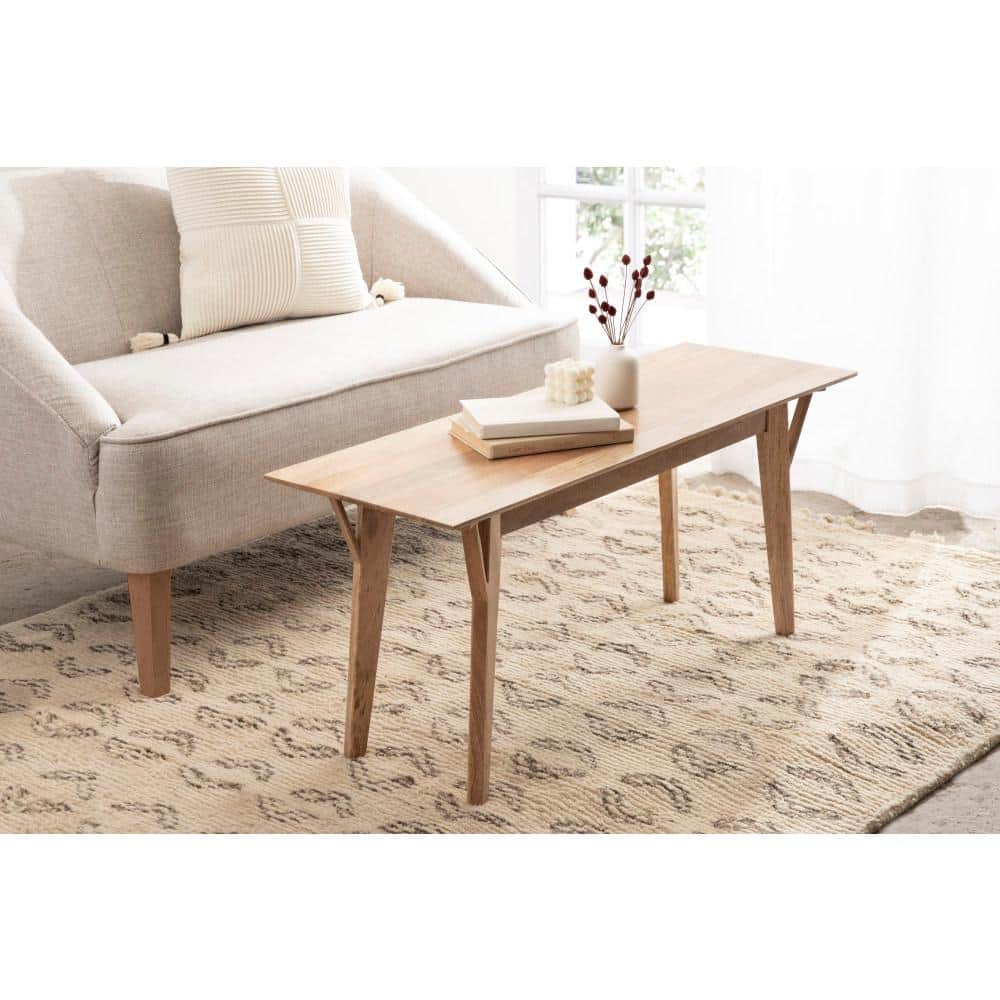 Natural Mango Wood Mid-Century Modern Bench with Storage