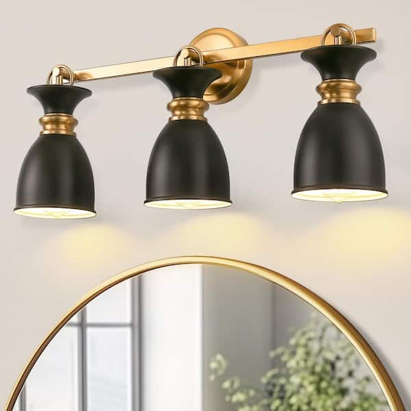 25 in. 3-Light Black and Gold Vanity Light for Bathroom Vanity and Hallway with Black Cone Metal Shade Wall Sconce