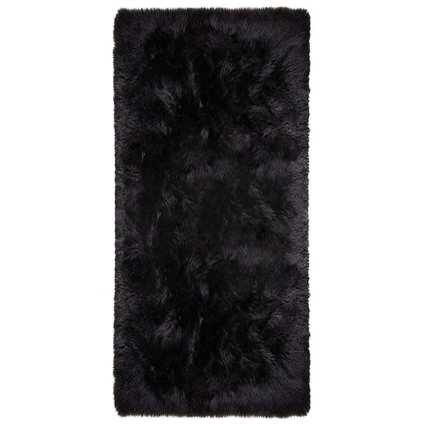 Sheepskin Faux Furry Black 2 ft. x 5 ft. Cozy Area Rug Runner Rug