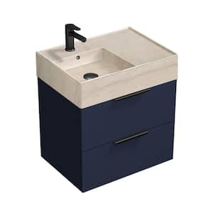 Derin 23.6 in. W x 17.32 in. D x 25.2 in. H Modern Bathroom Vanity in Night Blue with Beige Travertine Ceramic Top