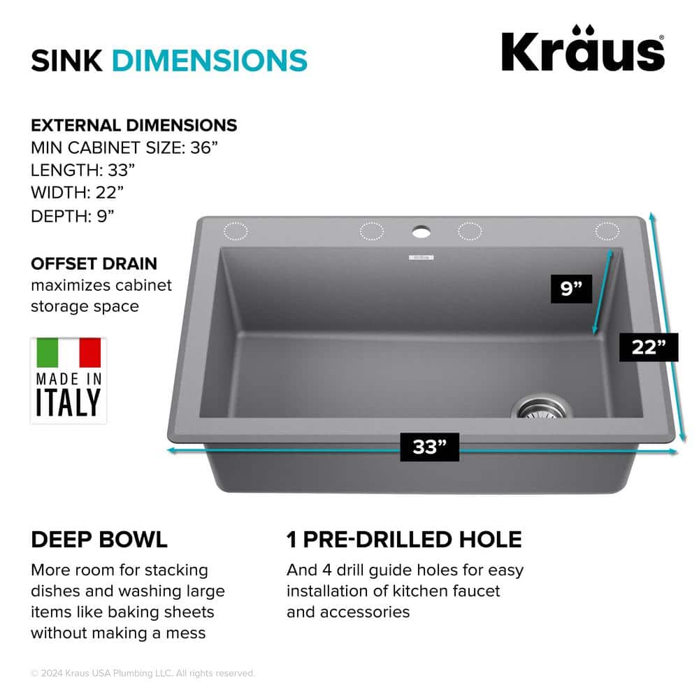 Gray 33-Inch Single Bowl Granite Drop-In Kitchen Sink