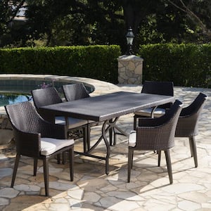 Harland Multi-Brown 7-Piece Faux Rattan Rectangular Outdoor Dining Set with Light Brown Cushion