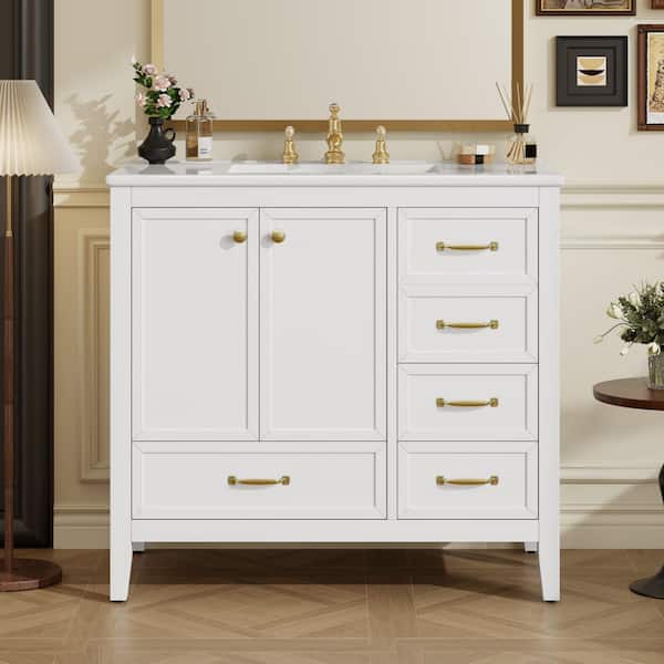 36 in. Solid Wood Frame Freestanding Single Sink White Bath Vanity with White Ceramic Top