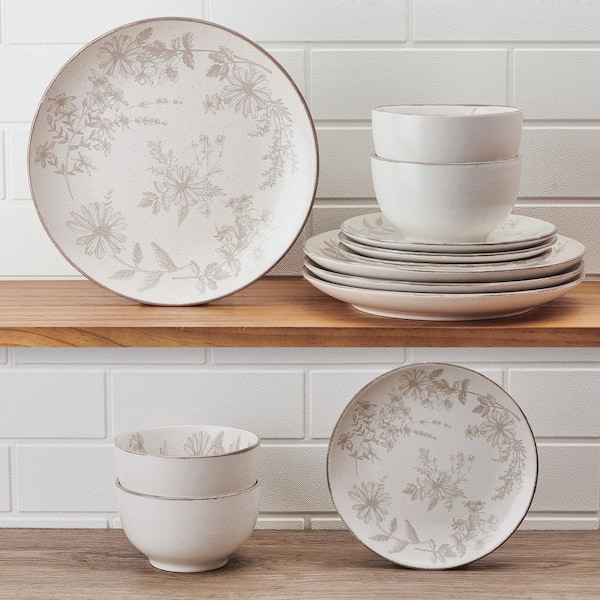 Pfaltzgraff Enchanted Bloom 12 pc Stoneware Dinnerware Set Gray Service for 4 5317750 The Home Depot