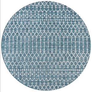 Ourika Moroccan Geometric Textured Weave Teal/Gray 5 ft. Round Indoor/Outdoor Area Rug