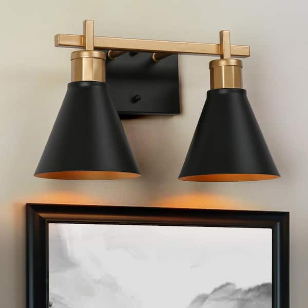 Zevni 14 in. Modern 2-Light Black Bathroom Vanity Light, Cone Shape Bath Lighting Brass Gold Wall Sconce