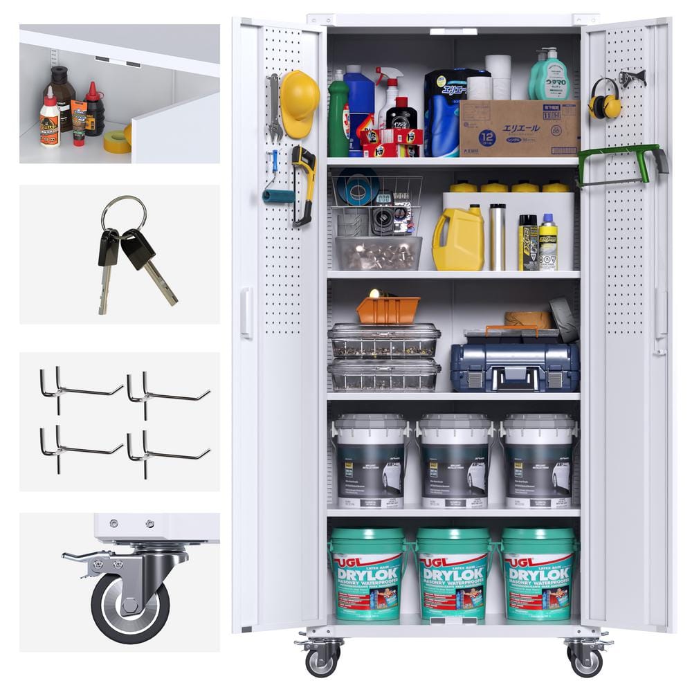 72-Inch White Metal Freestanding Lockable Office Cabinet with Adjustable Shelving