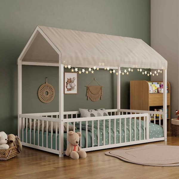 White Metal Frame Twin Platform Bed with Fence for Kids and Toddlers