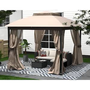10 ft. x 10 ft. Double Roof Softtop Canopy Galvanized Steel Gazebo with Mosquito Net&Sunshade Curtains
